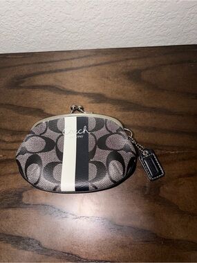 Coach Gray Signature Coin Purse with Black and White Stripe NWT